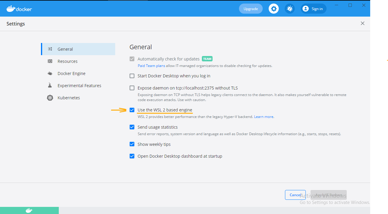 enable docker wsl 2 engine